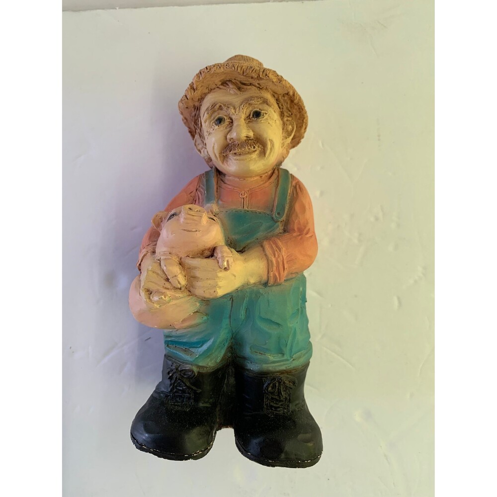 All American Farmer Vtg Ceramic Figurine in Blue Overalls Holding Pudgy Pig - 7”
